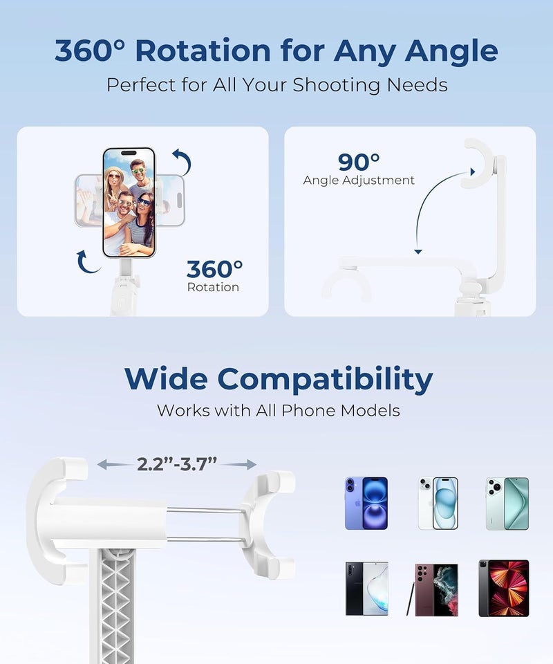 Fuloview 67‘’ Selfie Stick, Phone Tripod with Wireless Remote Control, Portable Selfie Stick Tripod for Photograph, Live Streaming, Video Recording, Compatible with All Cell Phones, White - Image 4